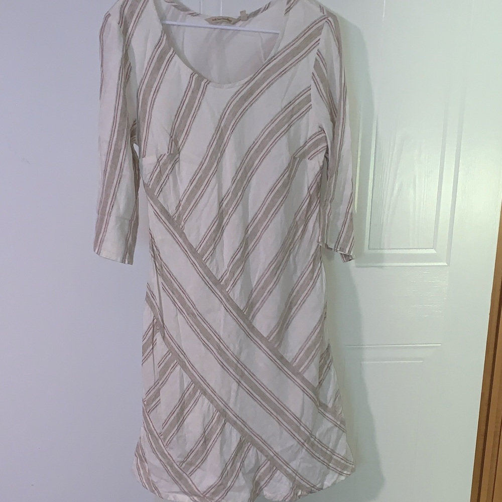 Soft Surroundings Equinox Women’s Cream and Tan Striped Dress Linen Blend Sz M - Picture 2 of 10